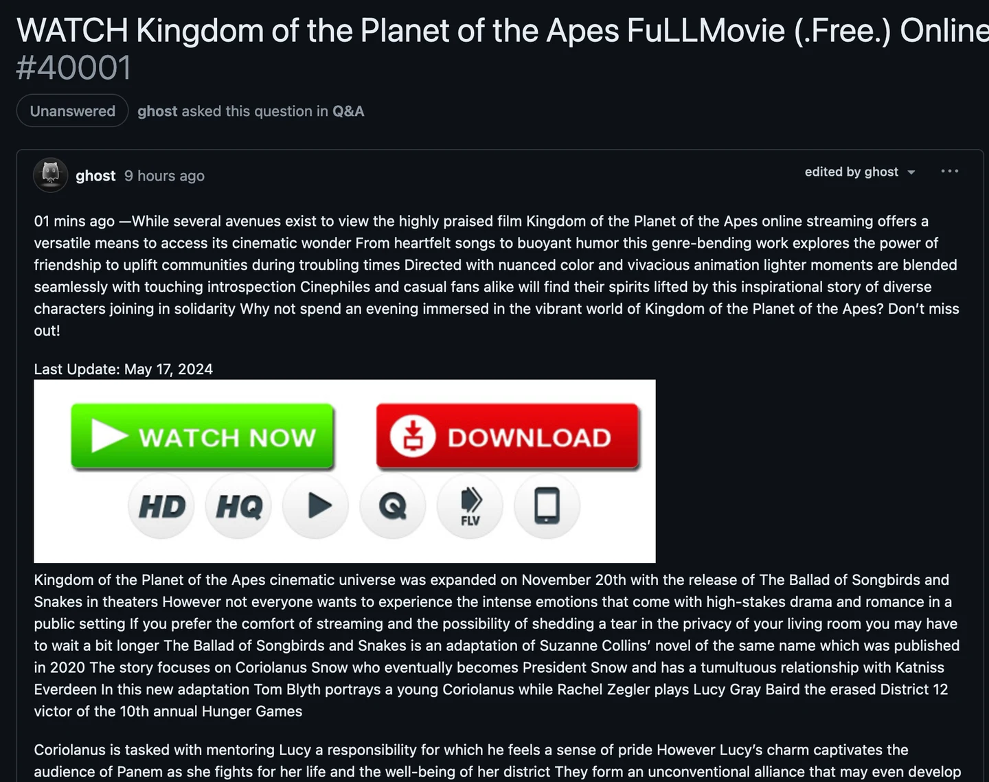 A spam GitHub discussion titled 'WATCH Kingdom of the Planet of the Apes FuLLMovie', with Watch now and Download buttons.
