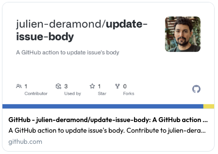The social preview of my GitHub Action's repository link, with the project's name, description and stats.